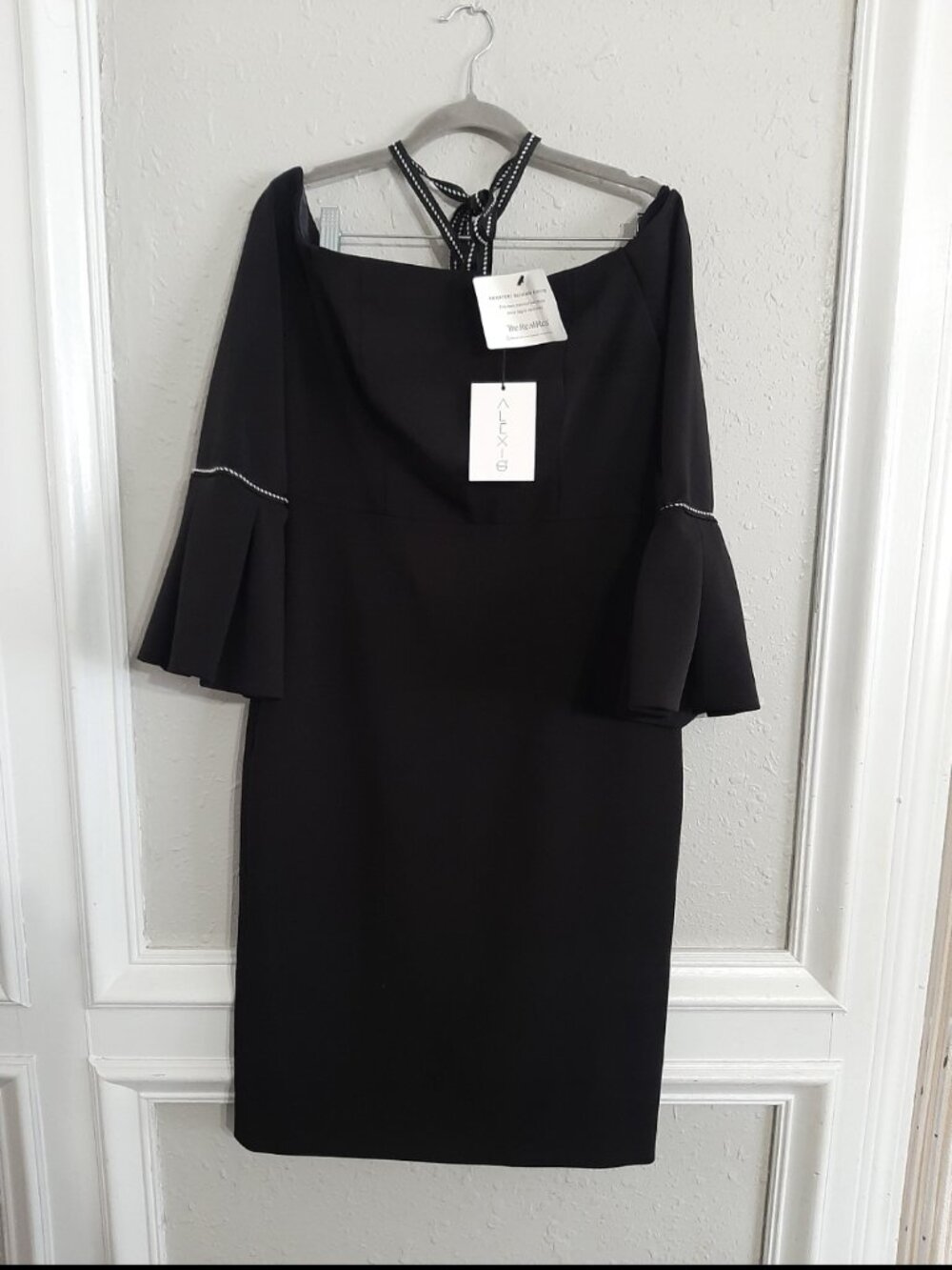 Alexis Amelie off-the-shoulder dress bell sleeves trim halter knee high end